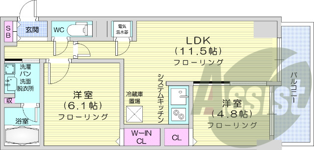 2LDK、オール電化、独立洗面台、ウォークインクローゼット