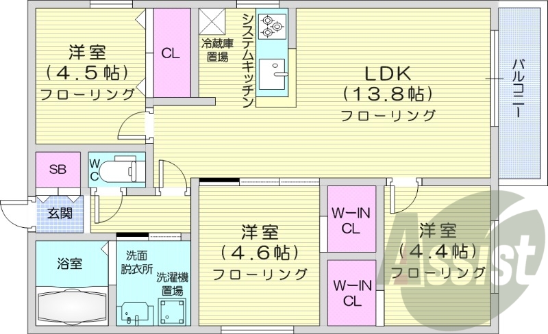 3LDK、エアコン、システムキッチン、追い焚き