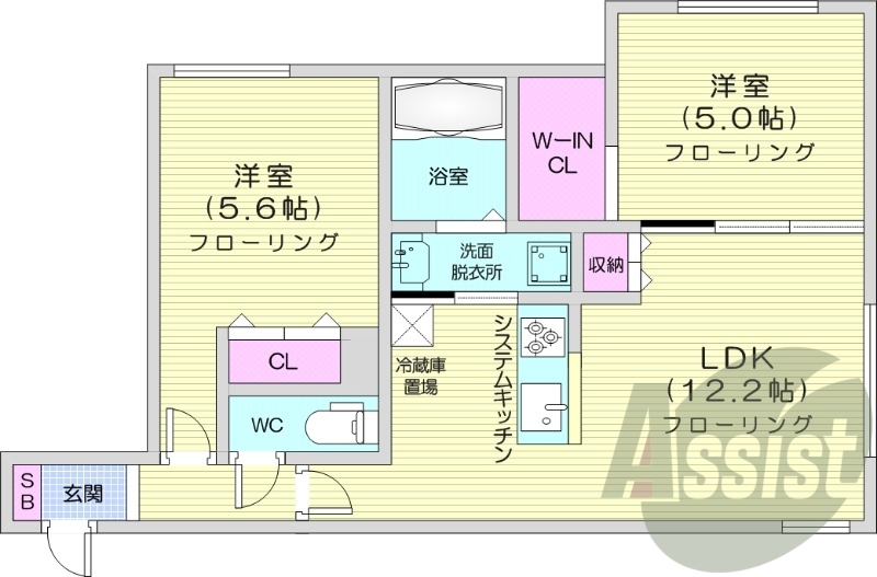 2LDK、都市ガス、エアコン、システムキッチン