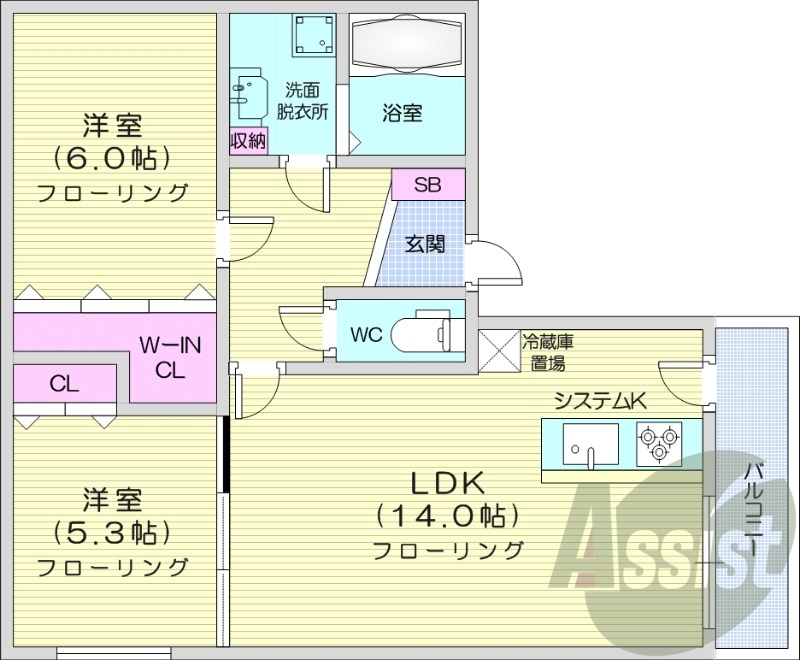 2LDK、都市ガス、システムキッチン、オートロック