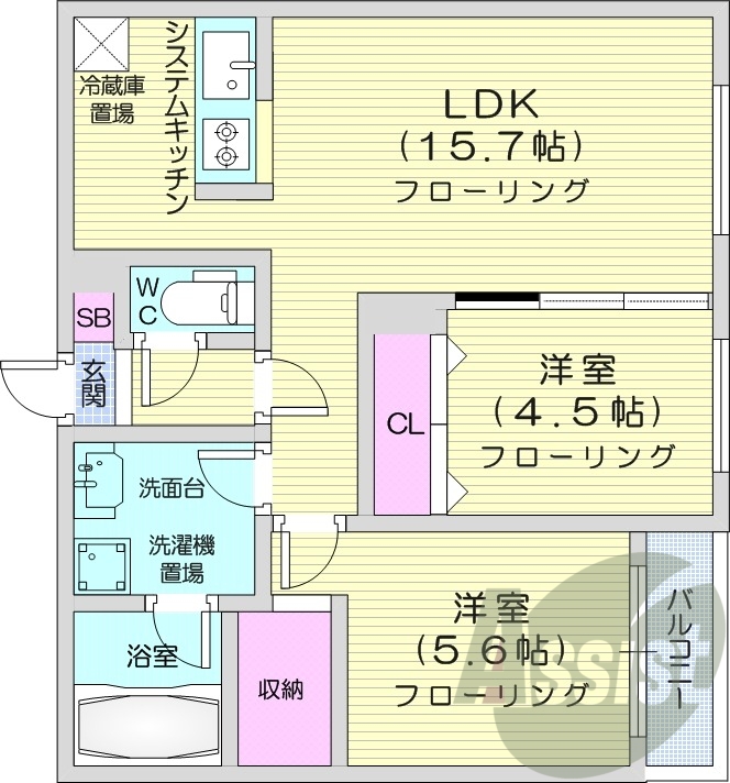 2LDK、都市ガス、エアコン、エレベーター、追い焚き
