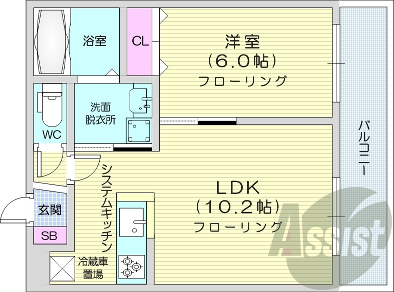 1LDK、都市ガス、エアコン、システムキッチン