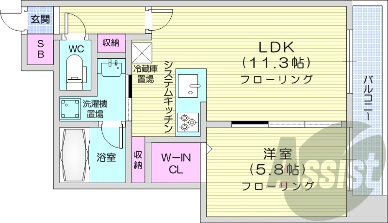 1LDK、都市ガス、追い炊き、システムキッチン、エレベーター