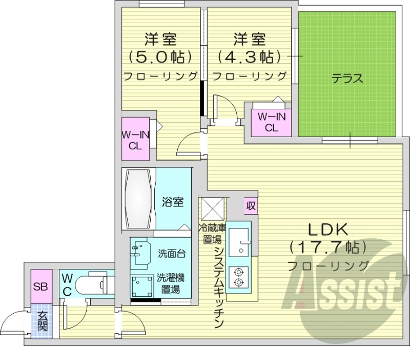 2LDK、エアコン、システムキッチン、宅配ボックス