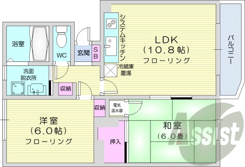2LDK、オール電化、システムキッチン、バルコニー
