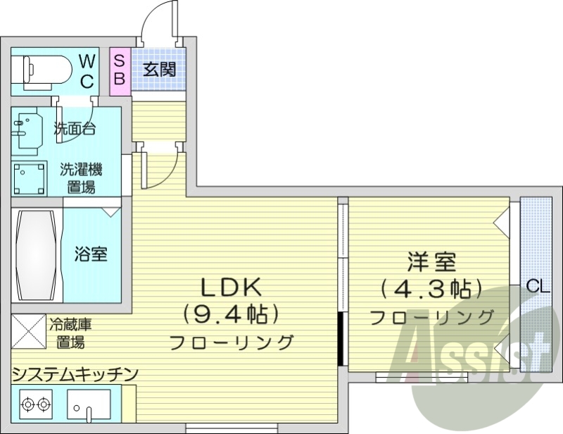 1LDK、エアコン、独立洗面台、システムキッチン