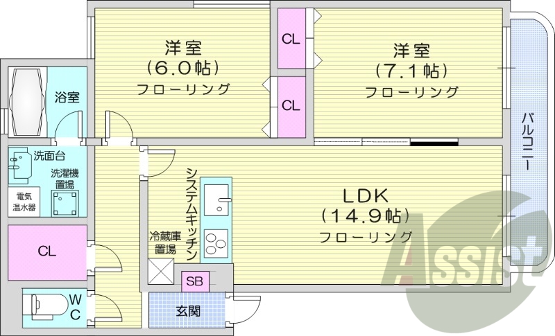 2LDK、電気暖房、システムキッチン、オートロック