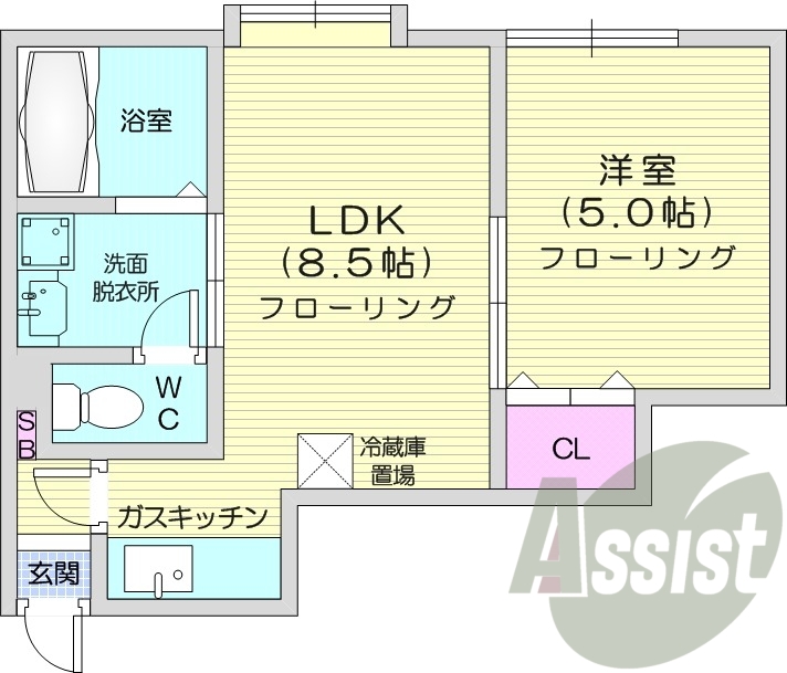 1LDK、エアコン、灯油暖房、バストイレ別