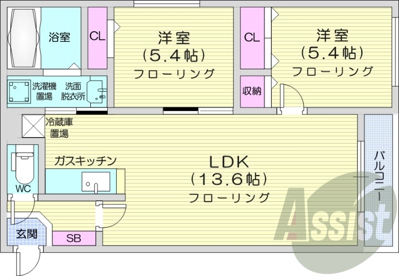 2LDK、都市ガス、ガス暖房、オートロック