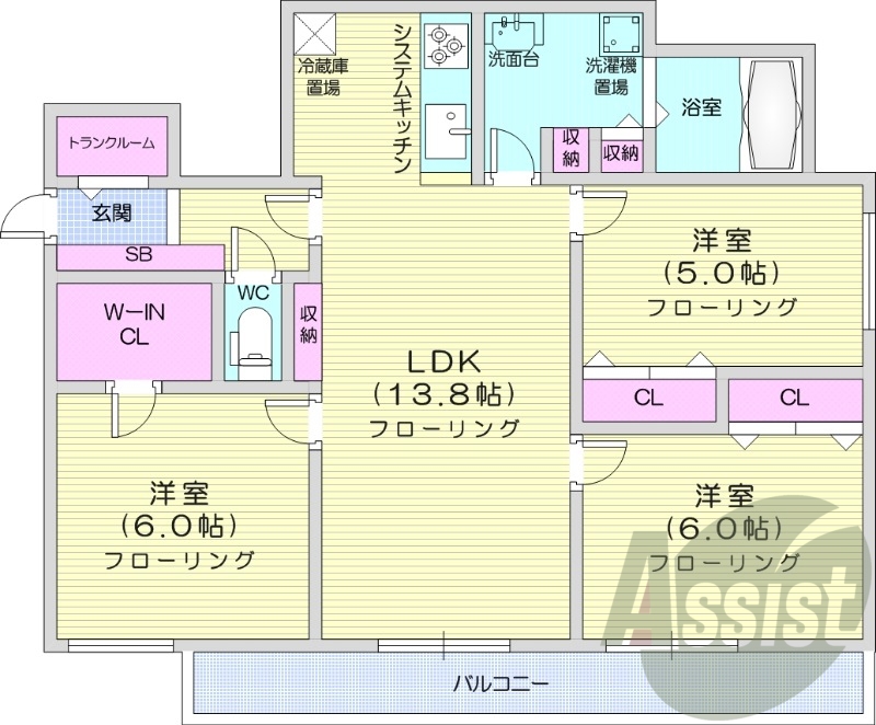 3LDK、追い焚き、エアコン、浴室乾燥機、システムキッチン