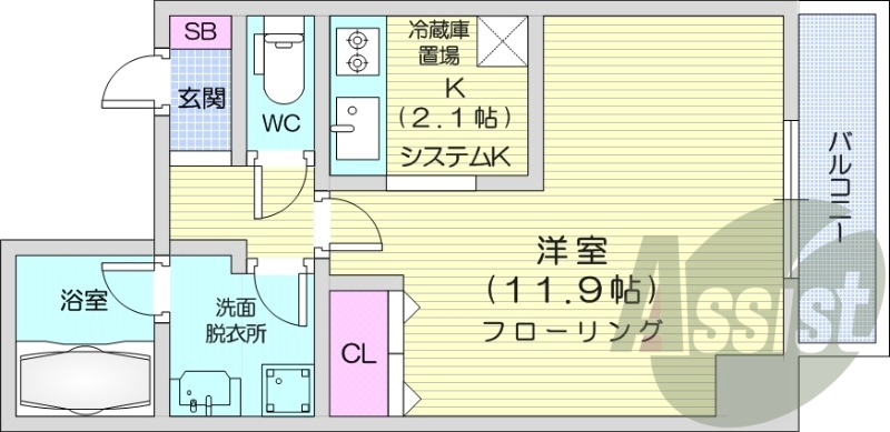 1K、都市ガス、エアコン、システムキッチン、浴室乾燥機