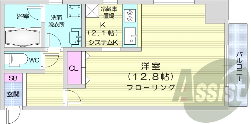 1K、都市ガス、エアコン、システムキッチン、浴室乾燥機