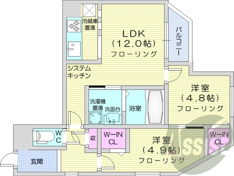 2LDK、都市ガス、ウォークインクローゼット、エアコン