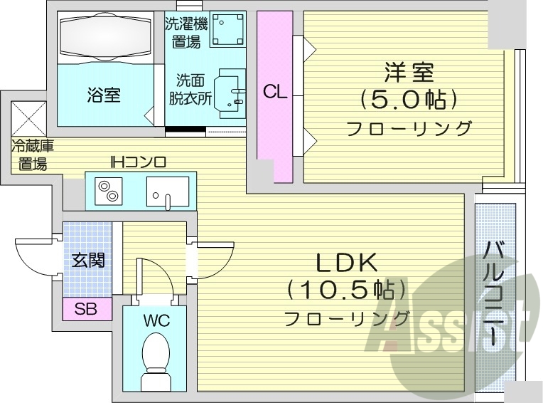 1LDK、IHクッキングヒーター、独立洗面台、灯油暖房