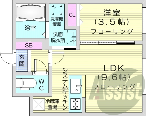 1LDK、都市ガス、エアコン、独立洗面台