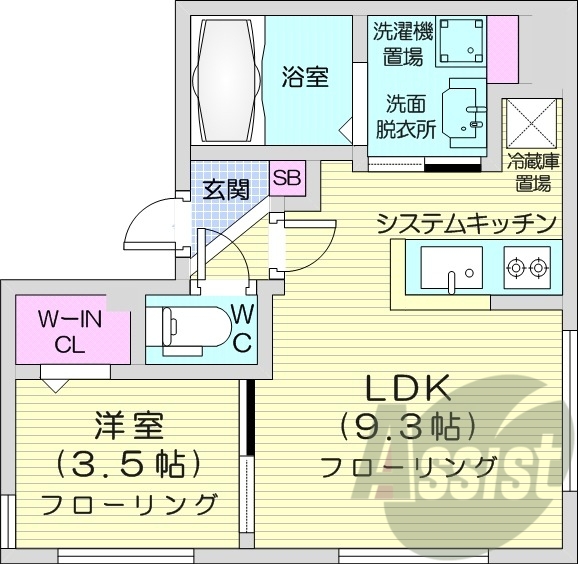 1LDK、都市ガス、エアコン、独立洗面台