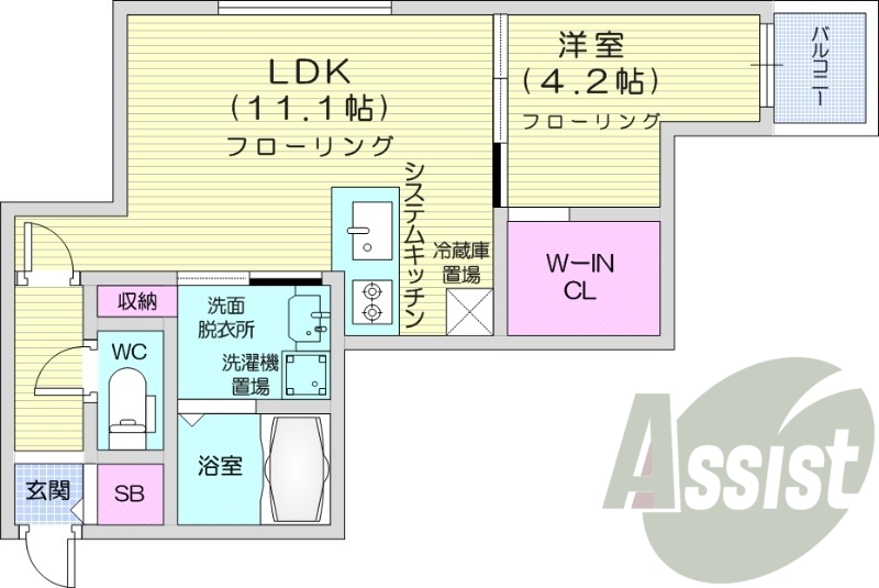 1LDK、システムキッチン、独立洗面台、浴室乾燥機