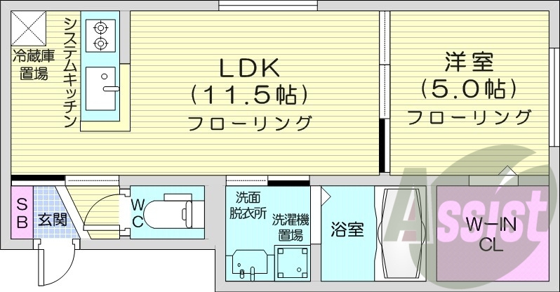 1LDK、都市ガス、エアコン、ネット無料、システムキッチン