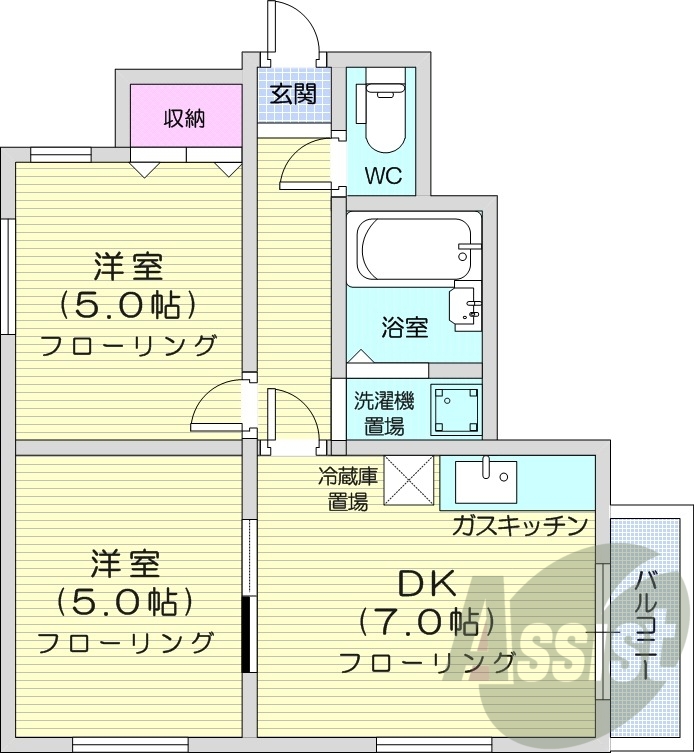 2DK、灯油暖房、シャワートイレ、モニタ付インターホン