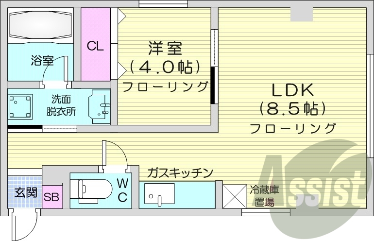 1LDK、独立洗面台、ガス給湯、シャワートイレ、バストイレ別