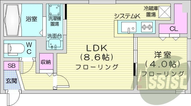 1LDK、エアコン、灯油暖房、システムキッチン、ネット無料