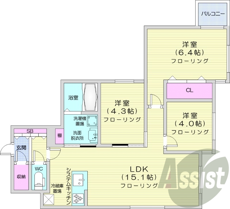 3LDK、システムキッチン、独立洗面台、浴室乾燥機