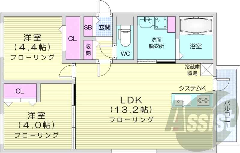 2LDK、エアコン、システムキッチン、追い焚き、浴室乾燥機