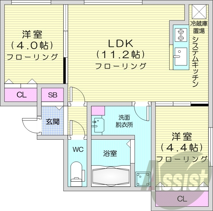 2LDK、システムキッチン、独立洗面台、浴室乾燥機