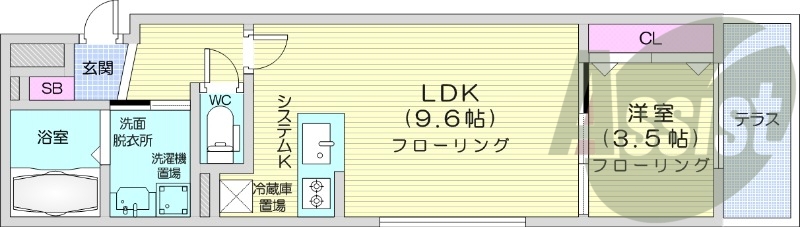 1LDK、都市ガス、エアコン、システムキッチン、