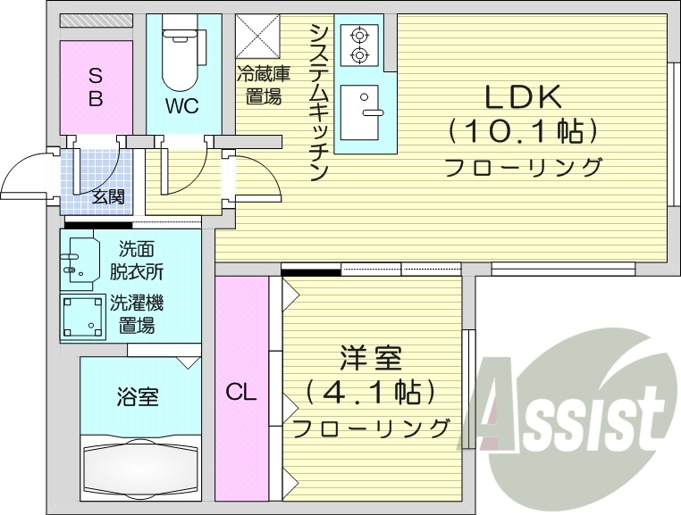 1LDK、都市ガス、エアコン、システムキッチン、