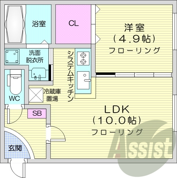 1LDK、灯油暖房、エアコン、独立洗面台、システムキッチン