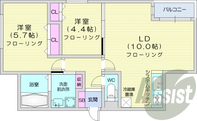 2LDK、都市ガス、エアコン、ネット無料、独立洗面台