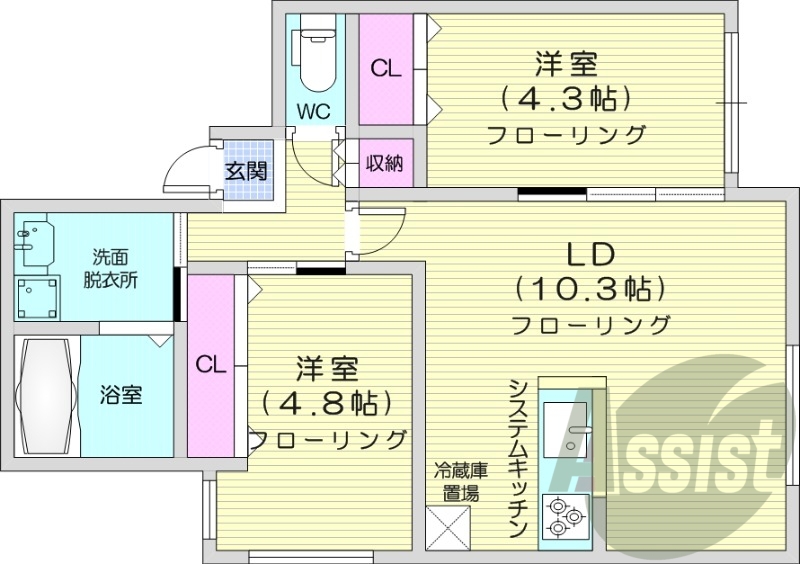 2LDK、都市ガス、エアコン、ネット無料、独立洗面台