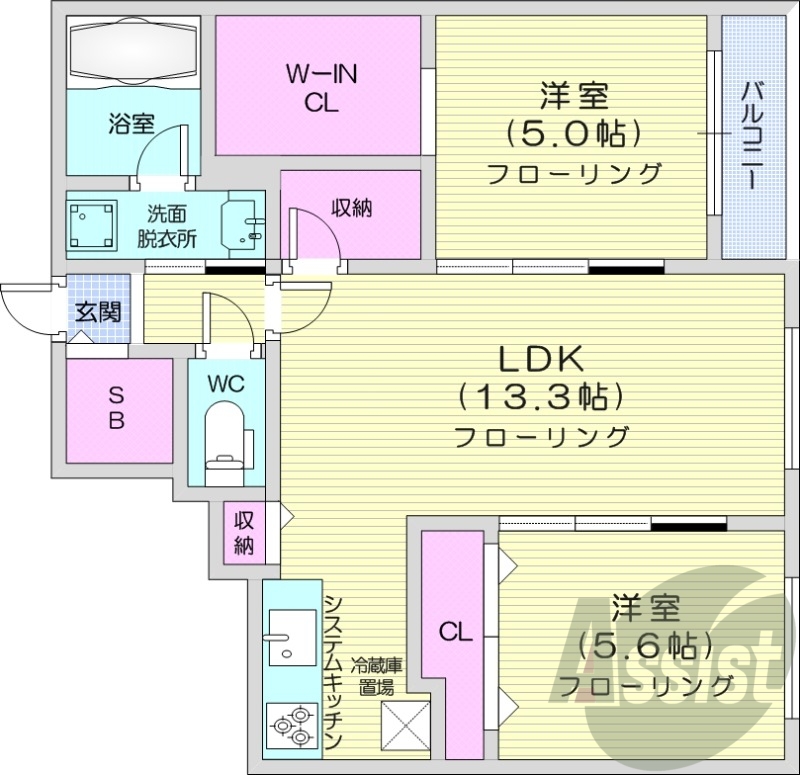 2LDK、都市ガス、追い焚き、エアコン、浴室乾燥機