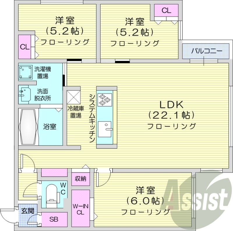 3LDK、都市ガス、衣類乾燥機、追い焚き、システムキッチン