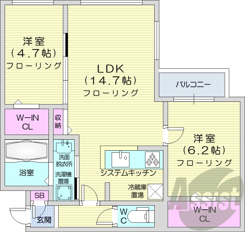 2LDK、都市ガス、衣類乾燥機、追い焚き、システムキッチン