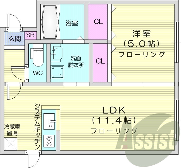 1LDK、システムキッチン、都市ガス、ペット可