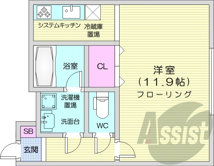 1K、エアコン、システムキッチン、独立洗面台