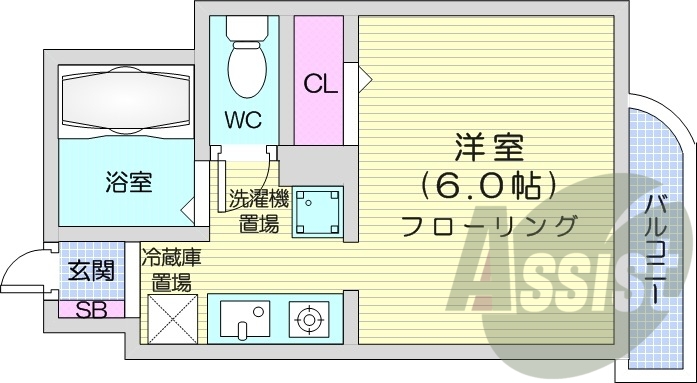 1R、分譲、エアコン、バス・トイレ別、ガス暖房、バルコニー