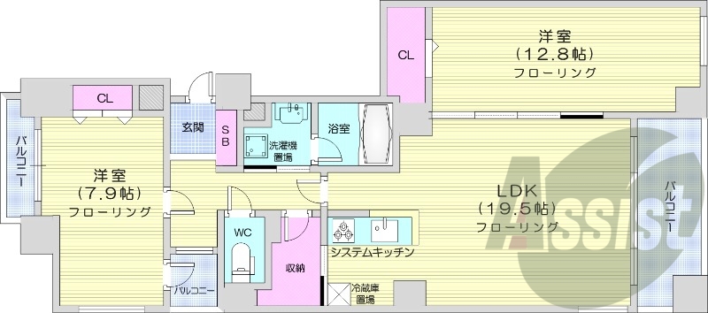 2LDK、バルコニー、クローゼット、追い焚き、浴室乾燥機