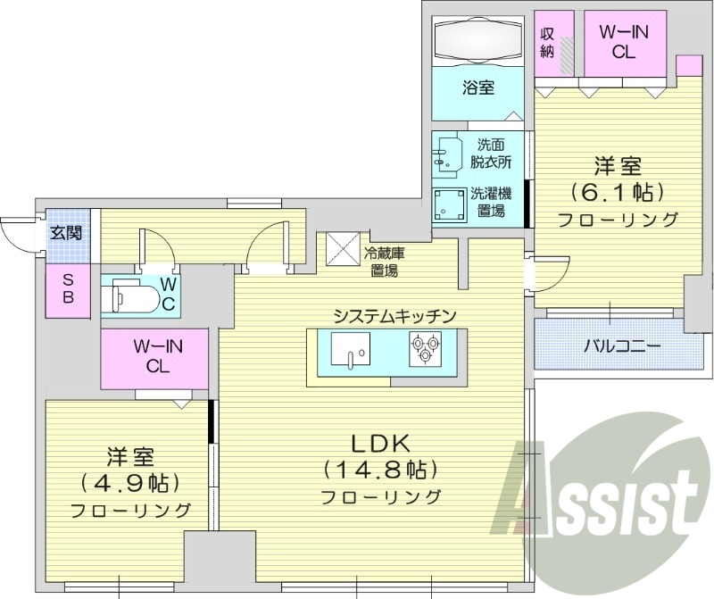 2LDK、ウォークインクローゼット、洗面脱衣所