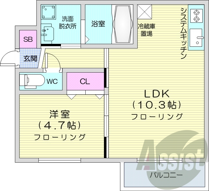 1LDK、都市ガス、エアコン、システムキッチン