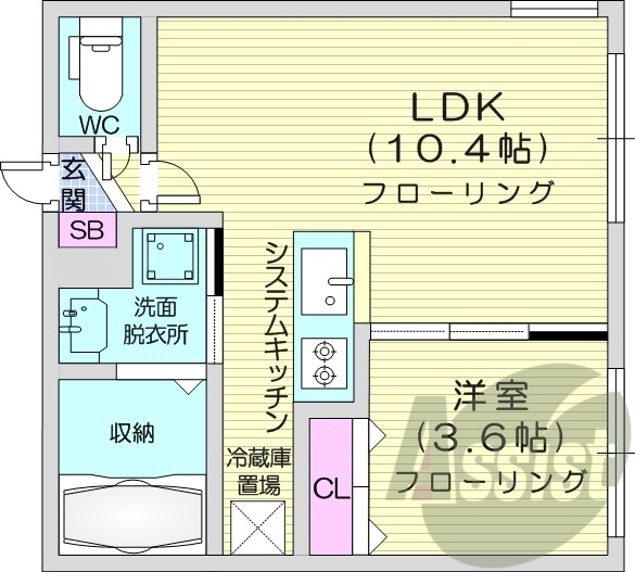 1LDK、エアコン、システムキッチン、独立洗面台