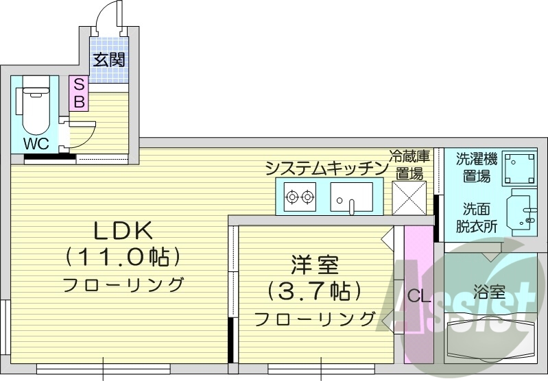 1LDK、エアコン、システムキッチン、独立洗面台