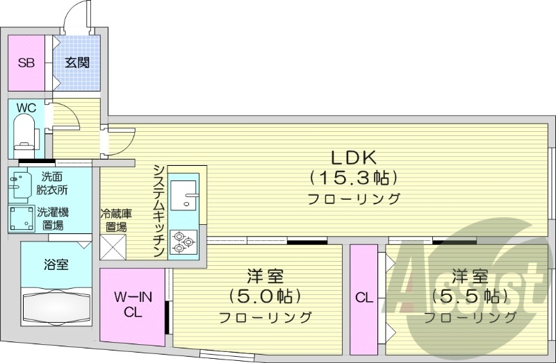 2LDK、都市ガス、エアコン、システムキッチン