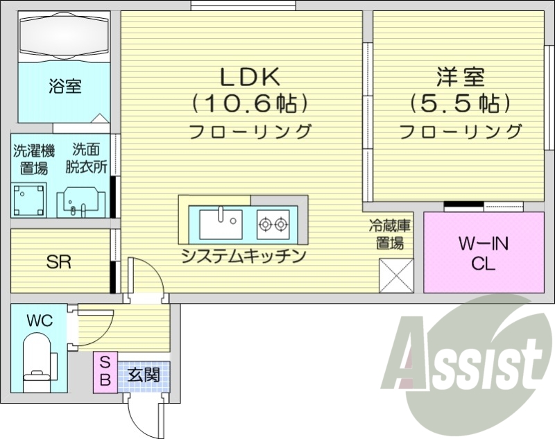 1LDK、都市ガス、エアコン、システムキッチン