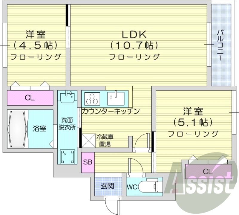 2LDK、ネット使用料無料、システムキッチン、エアコン