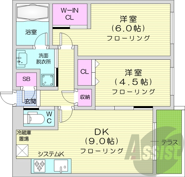 2DK、エアコン、追い焚き、浴室乾燥機、システムキッチン