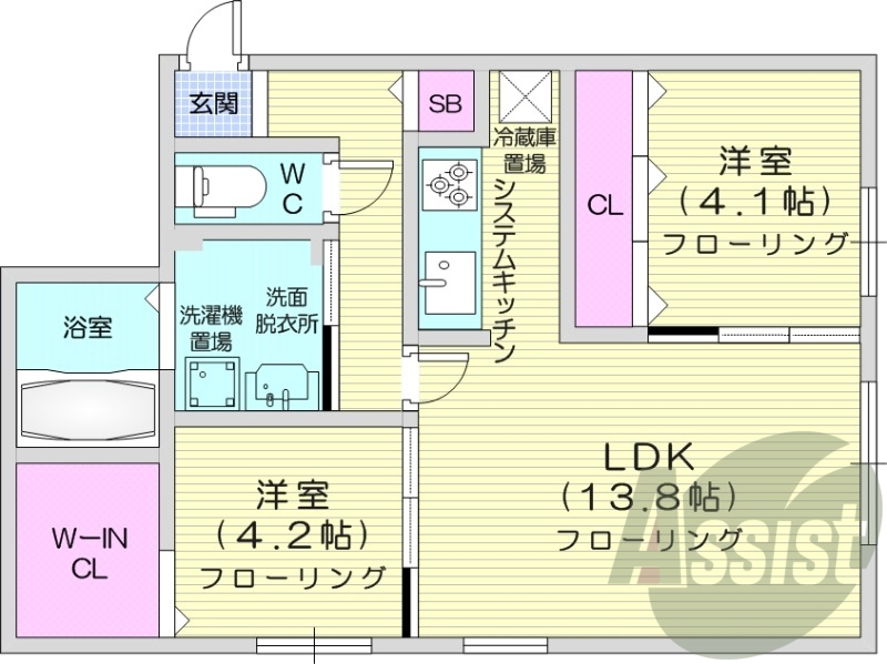 2LDK、システムキッチン、エアコン、浴室乾燥機