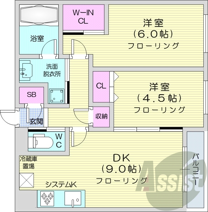 2DK、エアコン、追い焚き、浴室乾燥機、システムキッチン